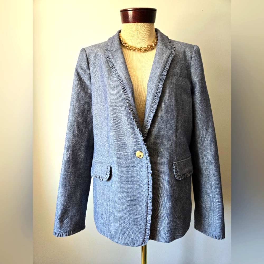 J. CREW  Blue Cotton Denim Regent Blazer With Ruffles. Size 14